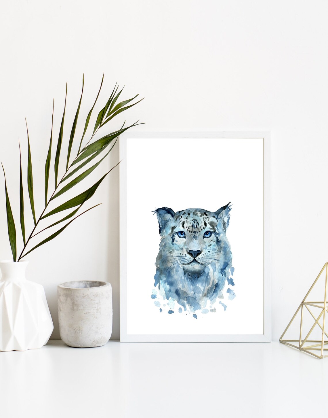 Blue Watercolor Snow Leopard Portrait Wild Cat Animal Art Poster - Image 4