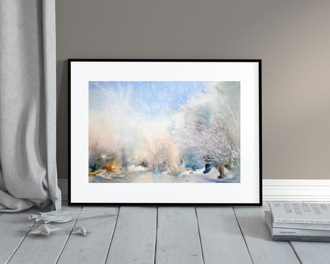 Abstract Watercolor Misty Winter Landscape Frosted Blue Poster - Image 3
