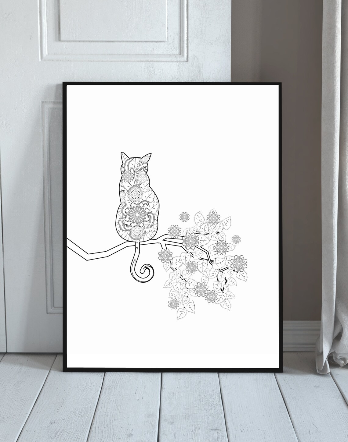 Mandala Cat on Flower Branch Detailed Zen Line Art Animal Poster - Image 3