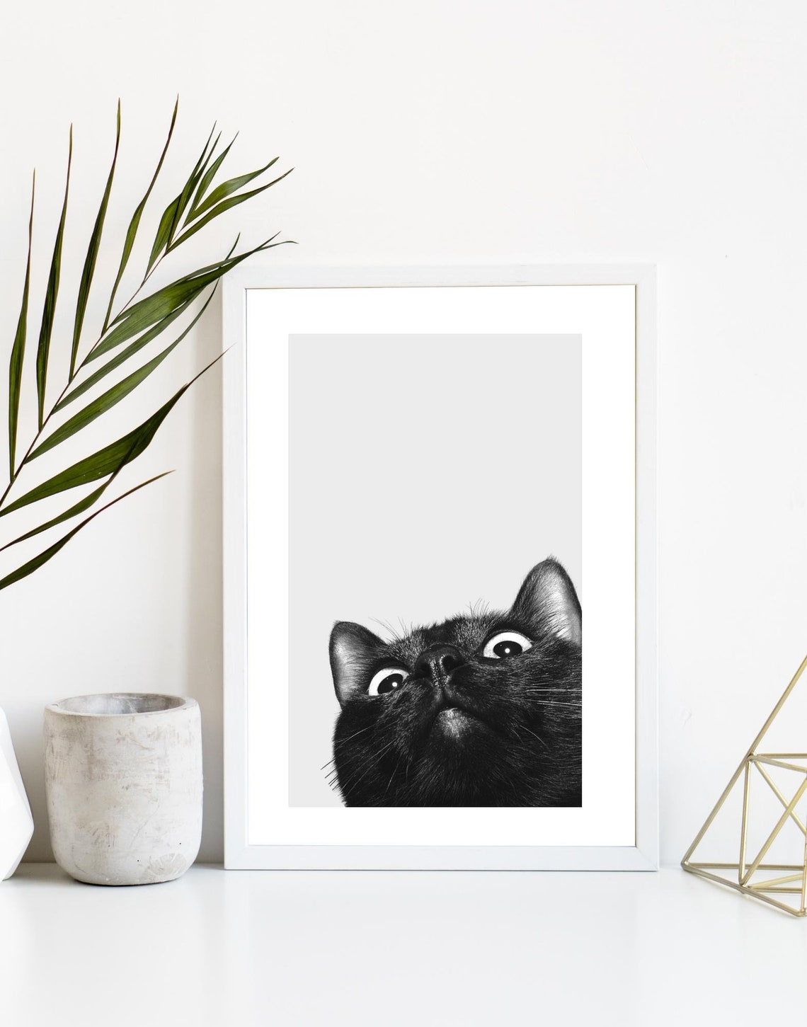 Curious Black Cat Peeking Up Wide Eyes Black White Photo Poster - Image 2