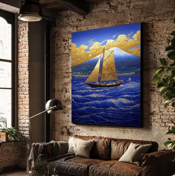 Golden Sailing Ship Painting Artistic Ship Painting Ship Landscape Wall Art Boat Lover Home Gift