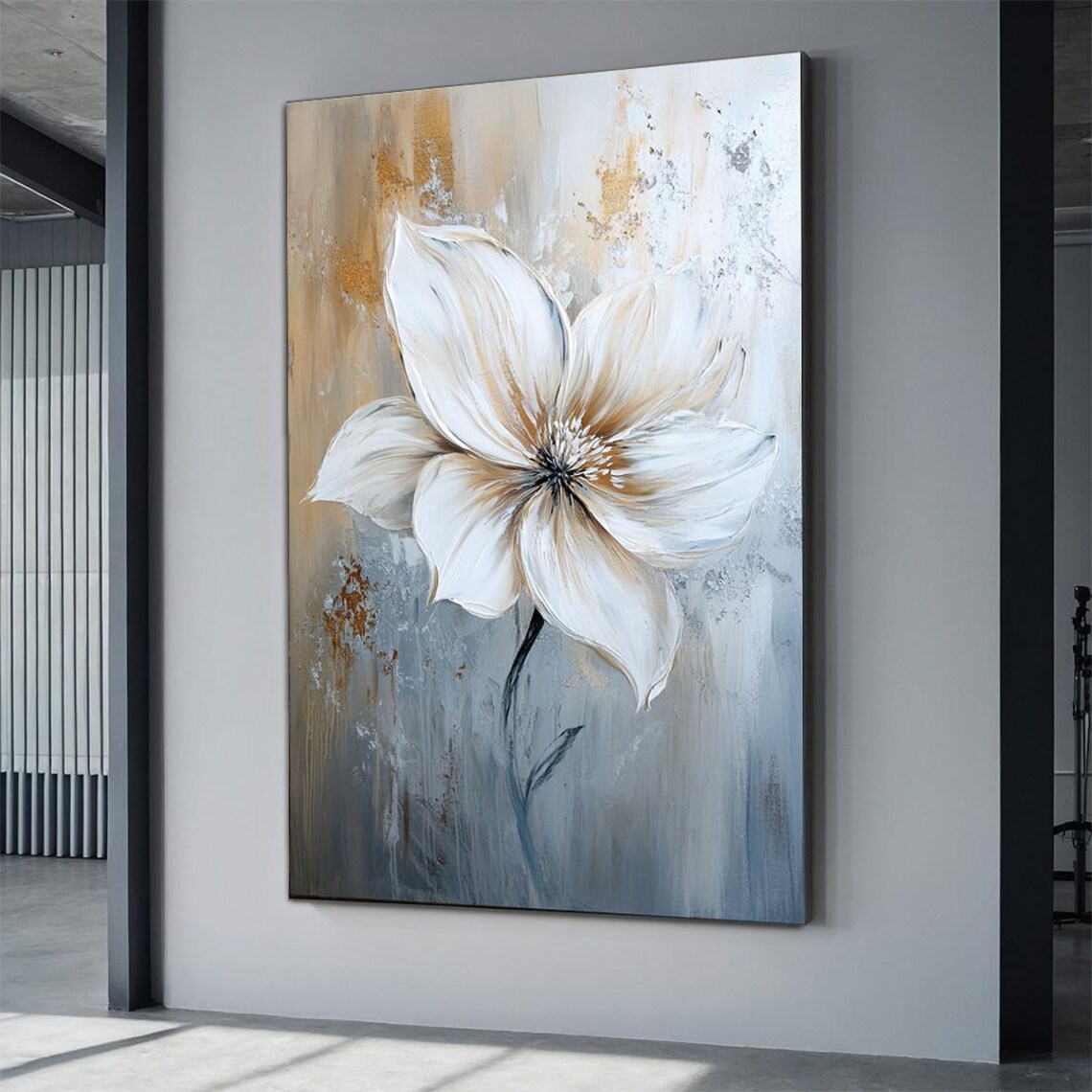 Large White Flower Painting On Gold And Gray Abstract Floral Poster
