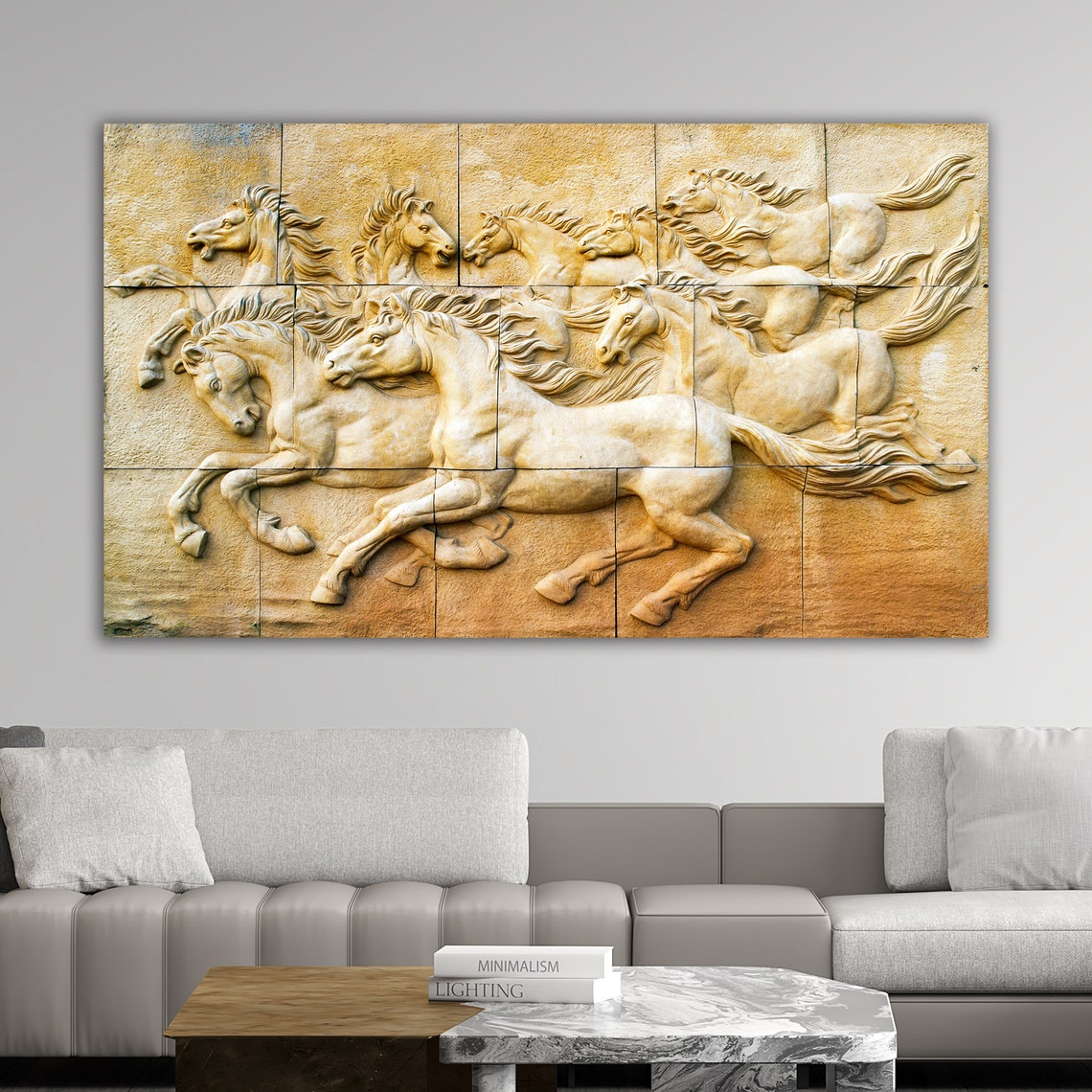Eight Galloping Horses Golden Stone Relief Sculpture Wall Art