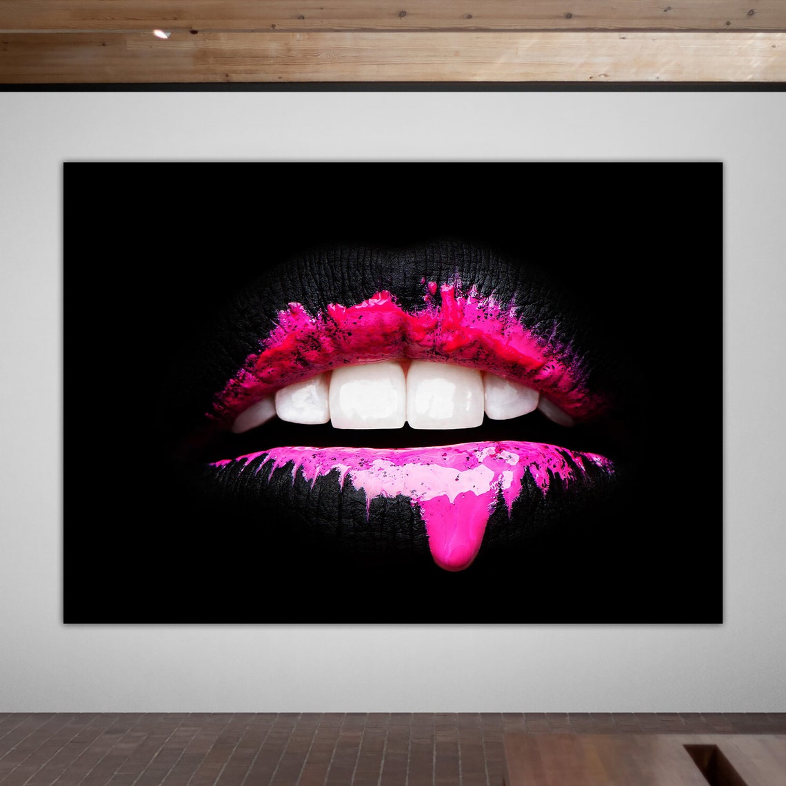 Hot Pink Lipstick Black Lips Dripping Glam Close Up Art Poster