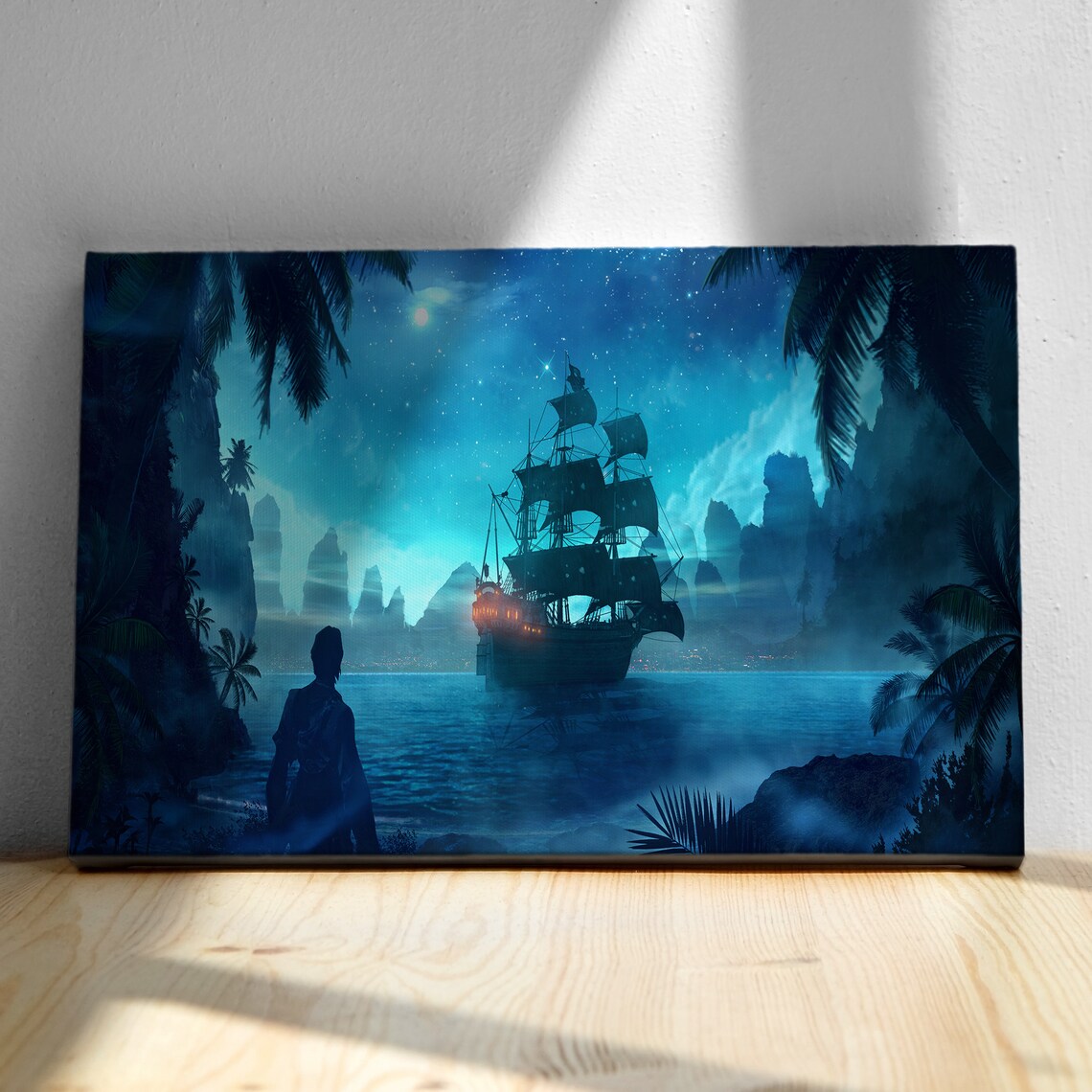 Pirate Ship Night Voyage Tropical Cove Starry Sky Fantasy Wall Art