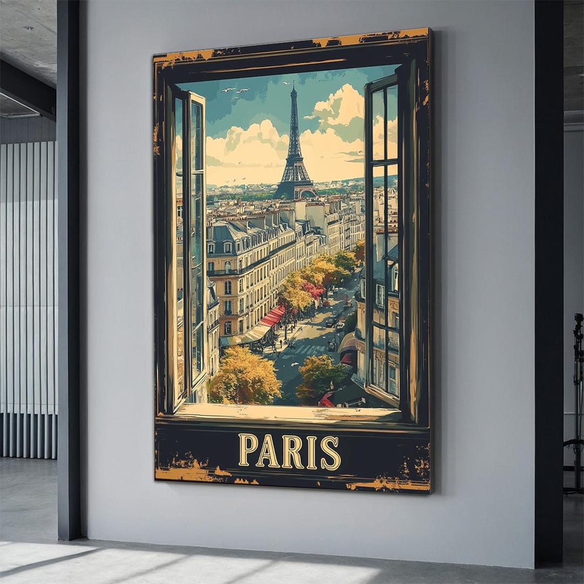 Paris Eiffel Tower Open Window Vintage Style France Travel Poster