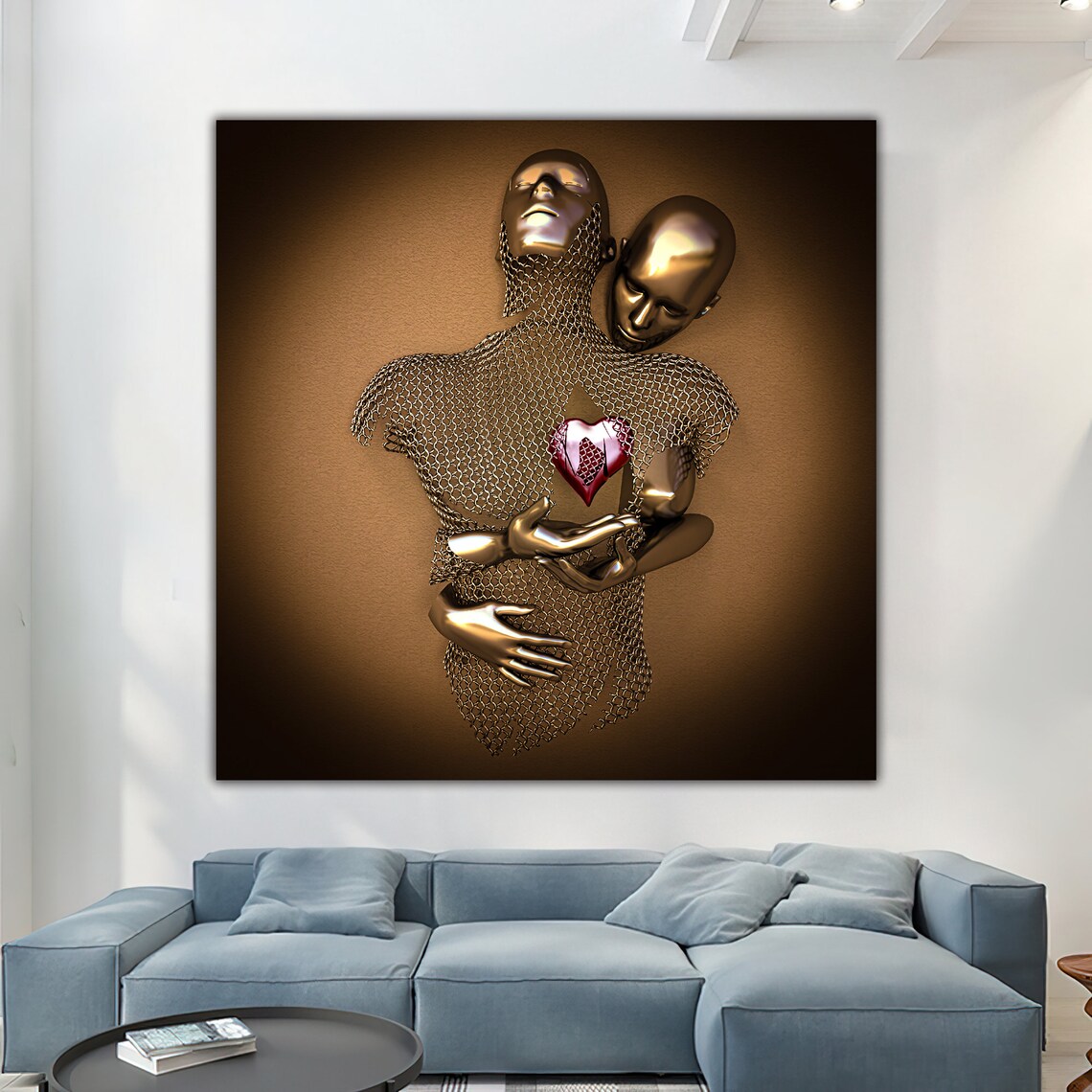 Bronze Couple Red Heart Embrace Warm Brown Metallic 3D Love Wall Art