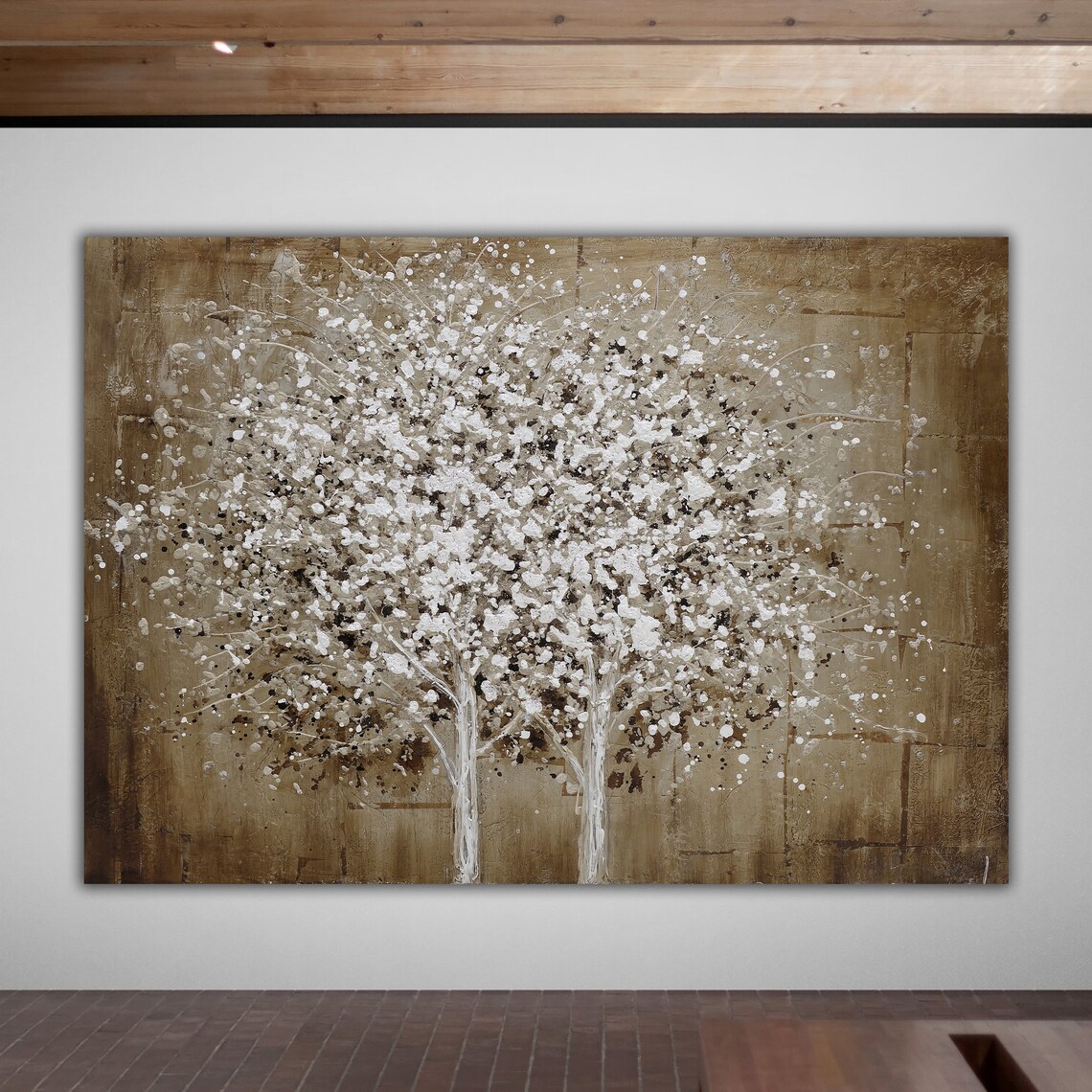 White Blooming Tree Beige Textured Abstract Botanical Art Poster