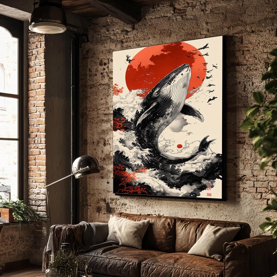 Japanese Style Wabi Sabi Painting Print Of A Whale Nautical Animal Print Ocean Art Whale Wall Art