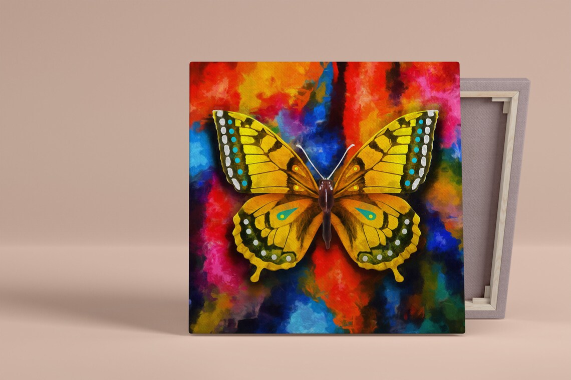 Colorful Butterfly Painting Yellow Black Blue Spots Textured Wall Art