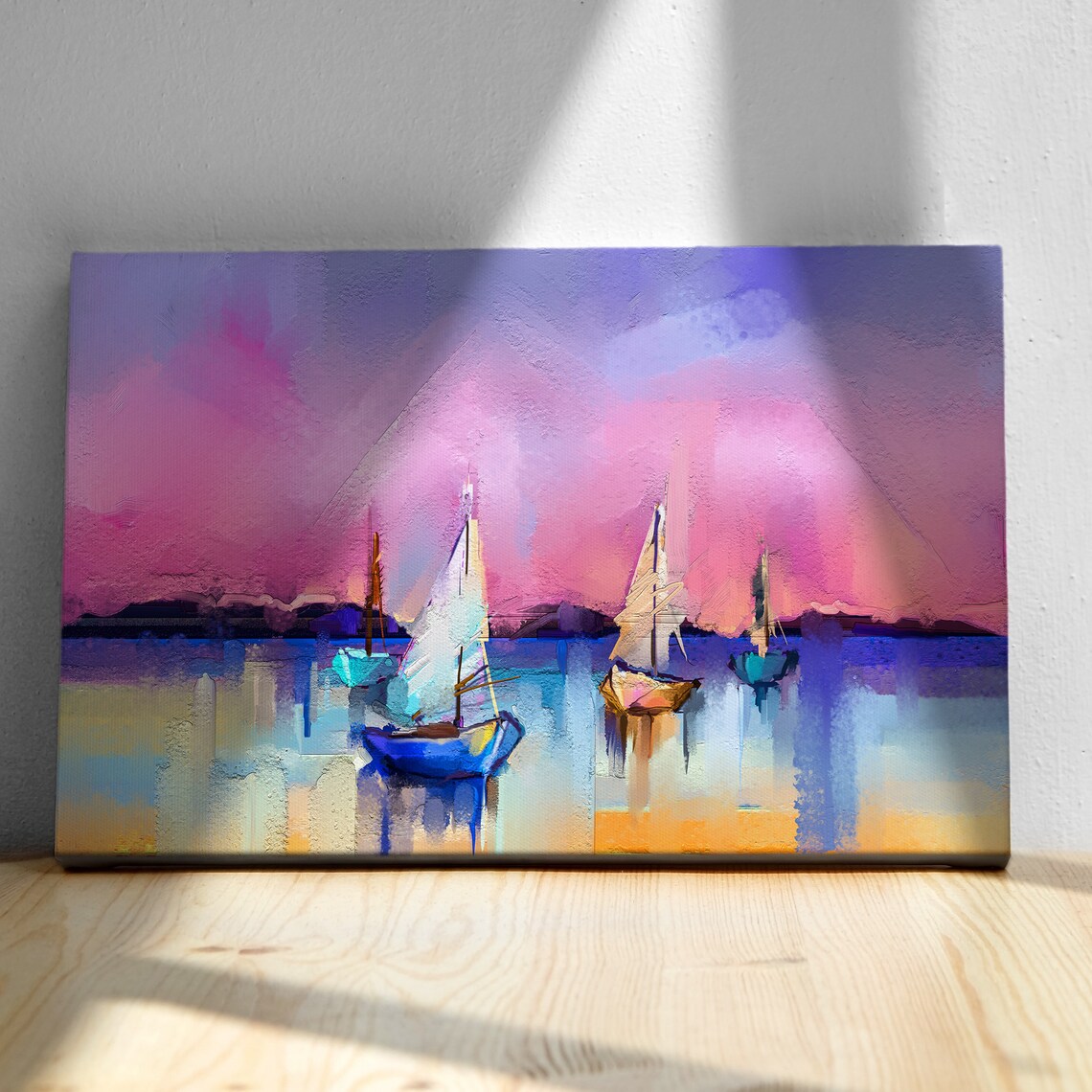 Sailboats At Sunset Impressionist Pink Purple Sky Calm Sea Wall Art