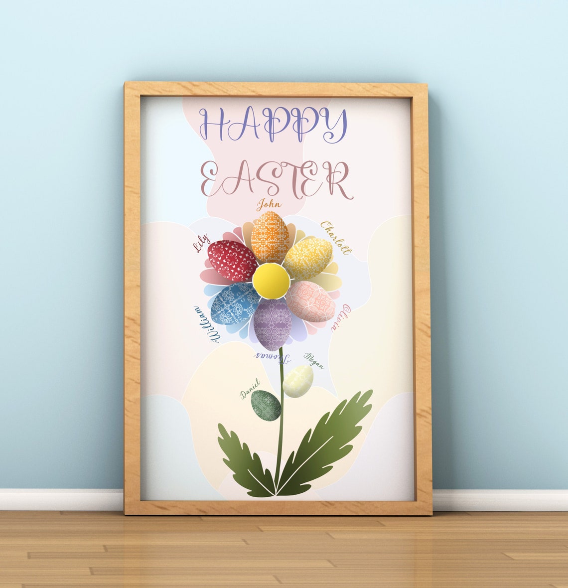 Happy Easter Personalized Egg Flower Family Names Custom Wall Print