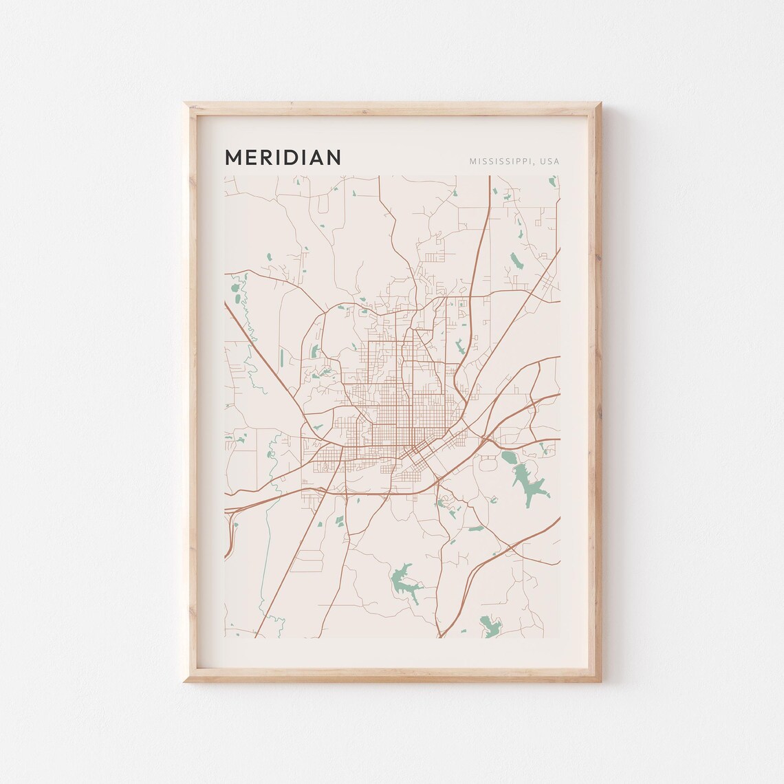Meridian Mississippi Street Map Poster in Warm Brown Sage and Cream Tones
