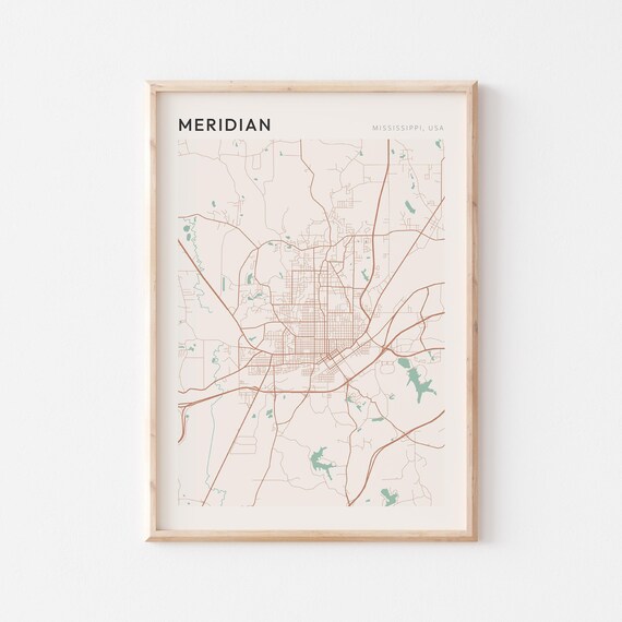 Meridian Mississippi Street Map Poster in Warm Brown Sage and Cream Tones