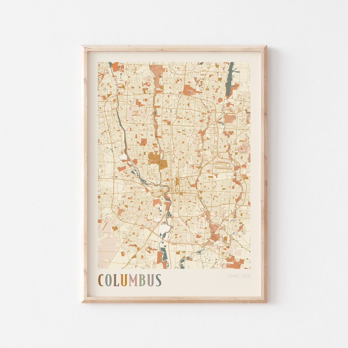 Columbus Ohio Retro City Map Poster with Scioto River Detail
