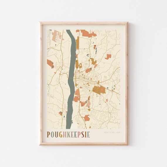 Poughkeepsie New York USA Warm Vintage Beige City Street Map Art Poster