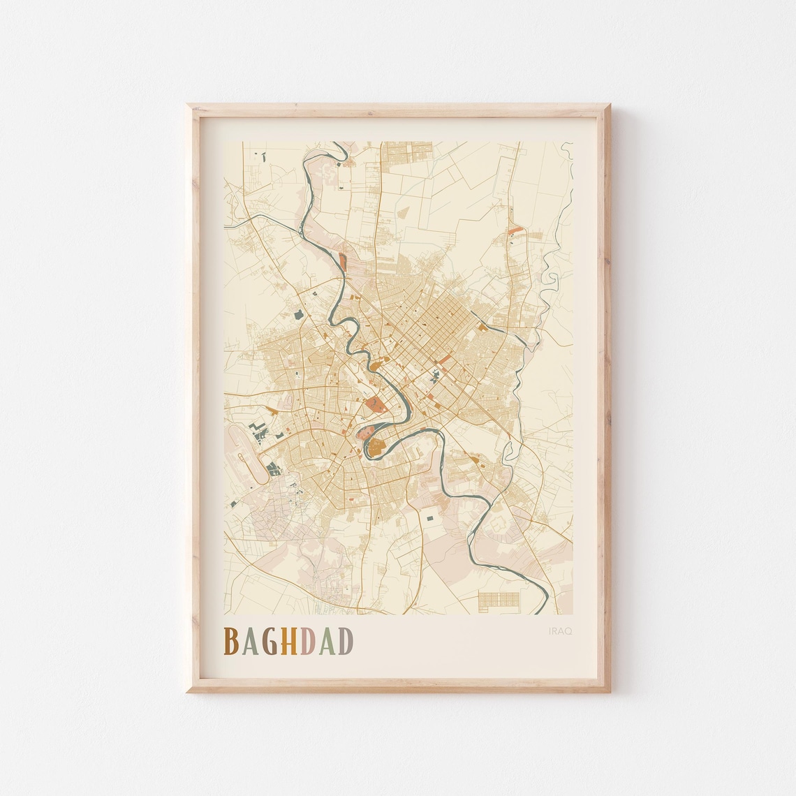 Baghdad Iraq City Street Map Beige Warm Minimalist Travel Decor Poster