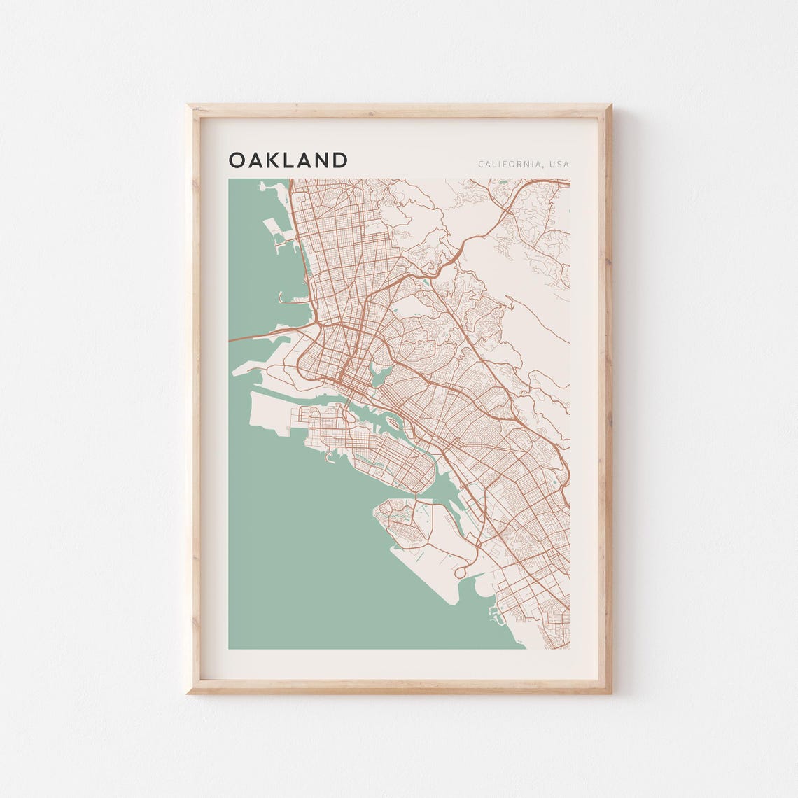 Oakland California Minimalist Street Map Poster in Blush and Sage