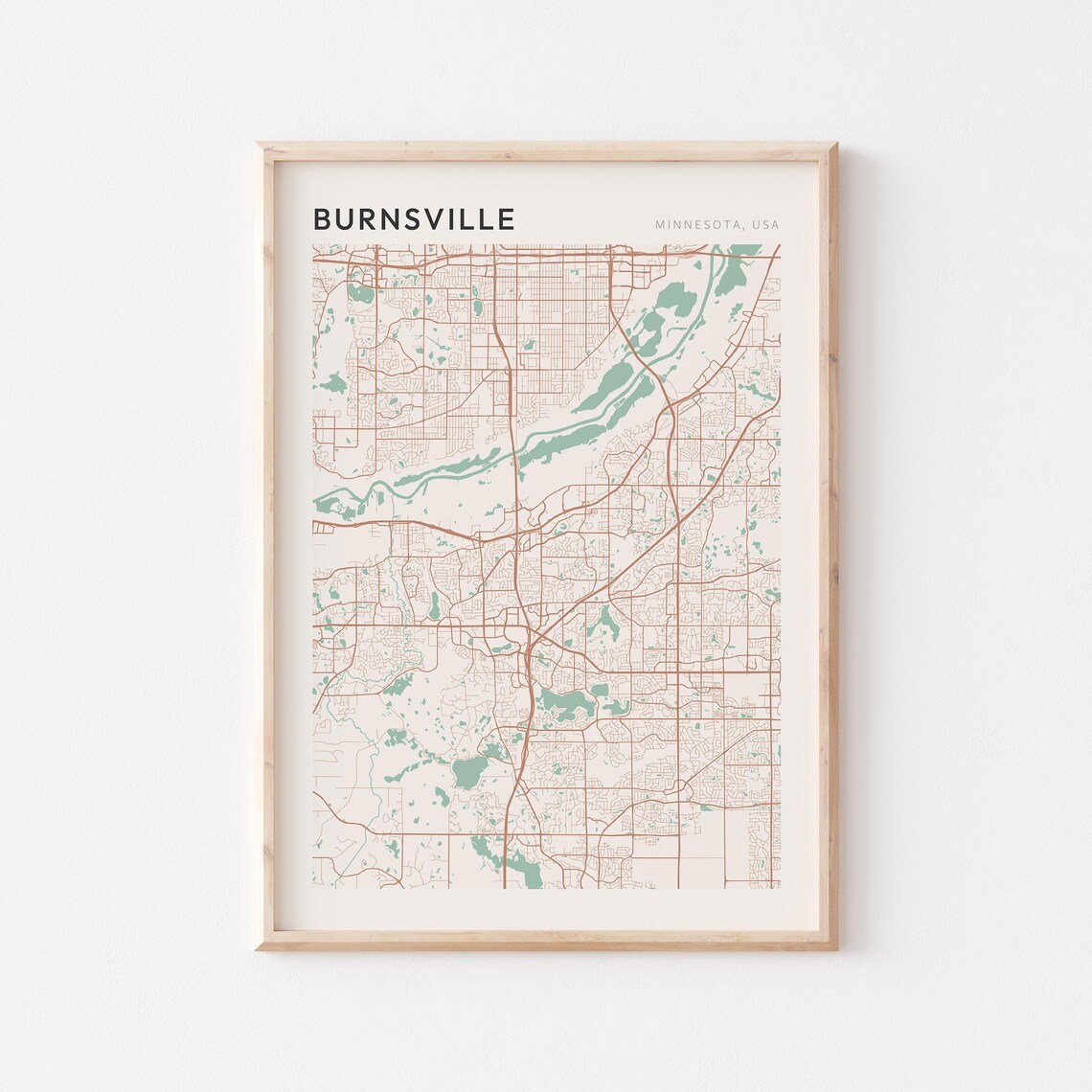 Burnsville Minnesota Street Map Poster in Warm Brown Sage and Cream Tones