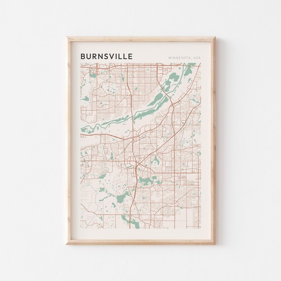 Burnsville Minnesota Street Map Poster in Warm Brown Sage and Cream Tones