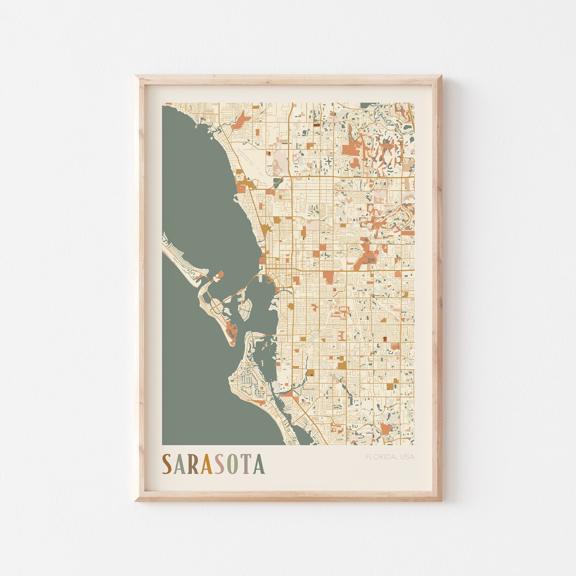 Sarasota Florida City Map Poster Warm Retro Street Map Home Decor