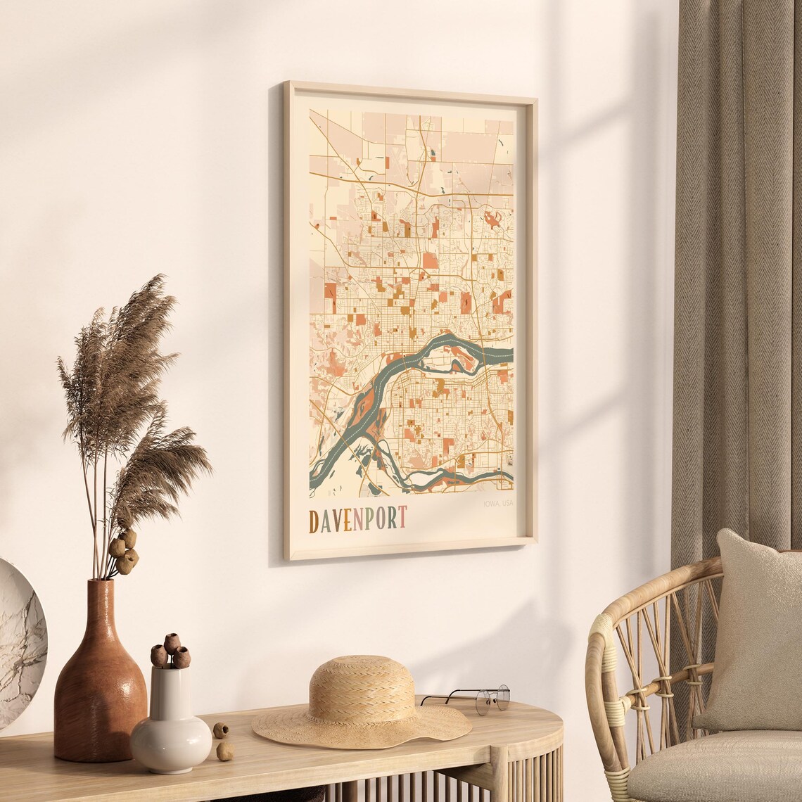 Davenport Iowa City Map Poster Earth Tone Boho Minimalist Map Wall Decor Gift - Image 3