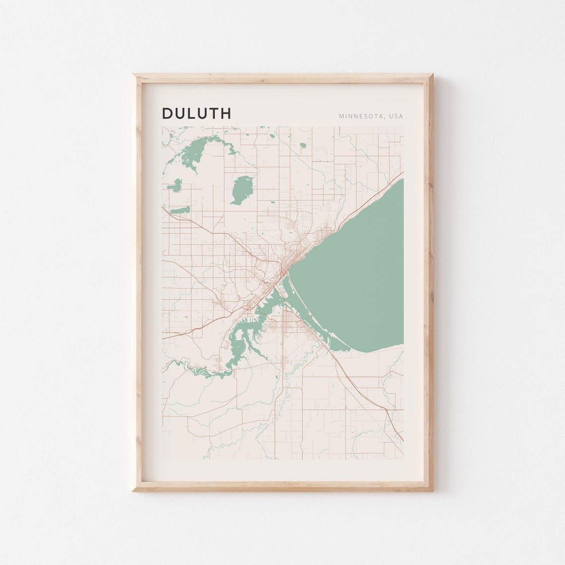 Duluth Minnesota Street Map Poster in Warm Brown Sage and Cream Tones