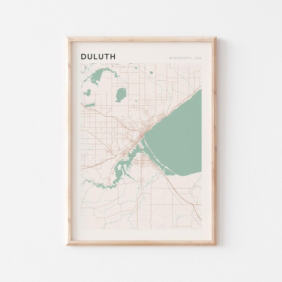 Duluth Minnesota Street Map Poster in Warm Brown Sage and Cream Tones