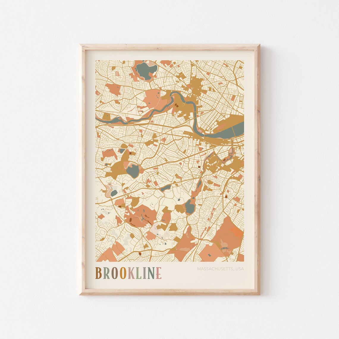 Brookline Massachusetts Modern Terracotta City Street Map Art Poster