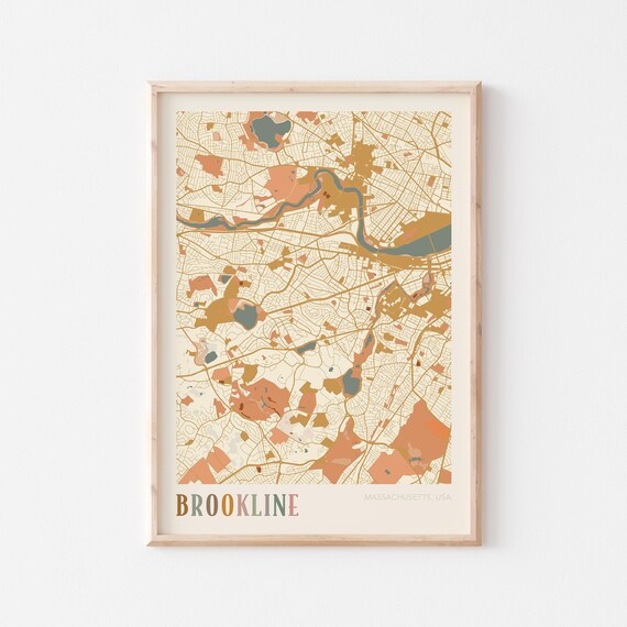 Brookline Massachusetts Modern Terracotta City Street Map Art Poster