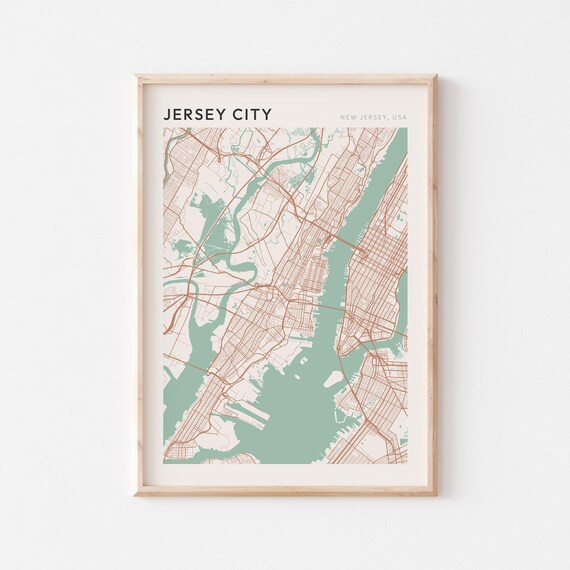 Jersey City New Jersey Street Map Poster in Warm Brown Sage and Cream Tones