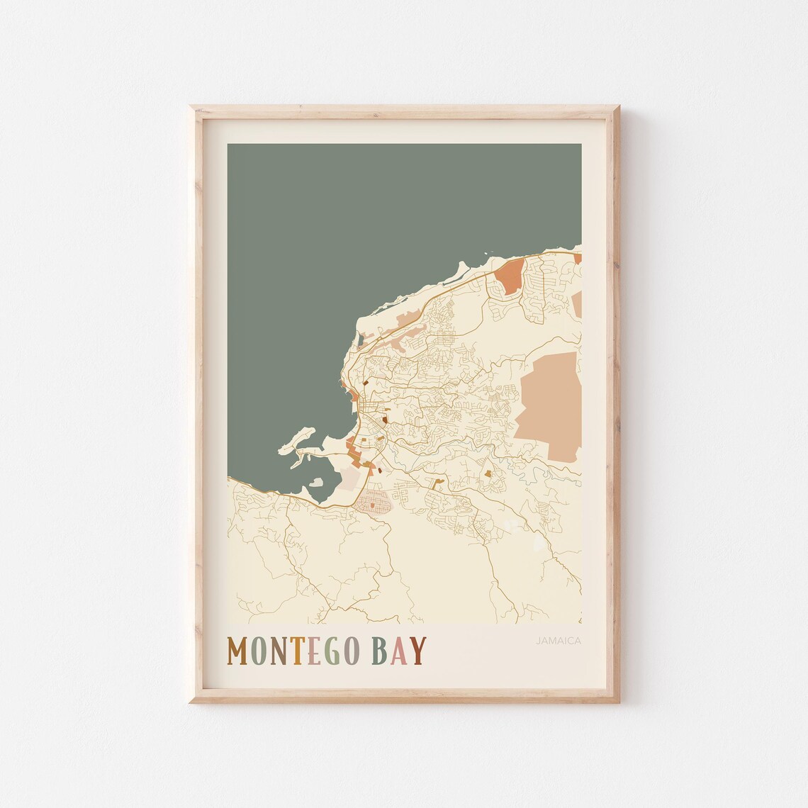 Montego Bay Jamaica City Map Poster Boho Colors Olive Travel Gift Art