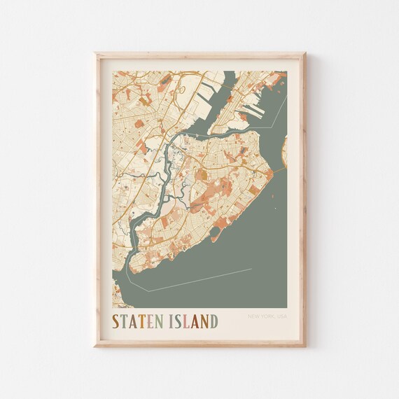 Staten Island New York USA Warm Vintage Beige City Street Map Art Poster