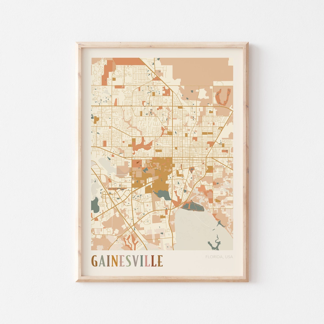 Gainesville Florida City Map Poster Warm Retro Street Map Home Decor