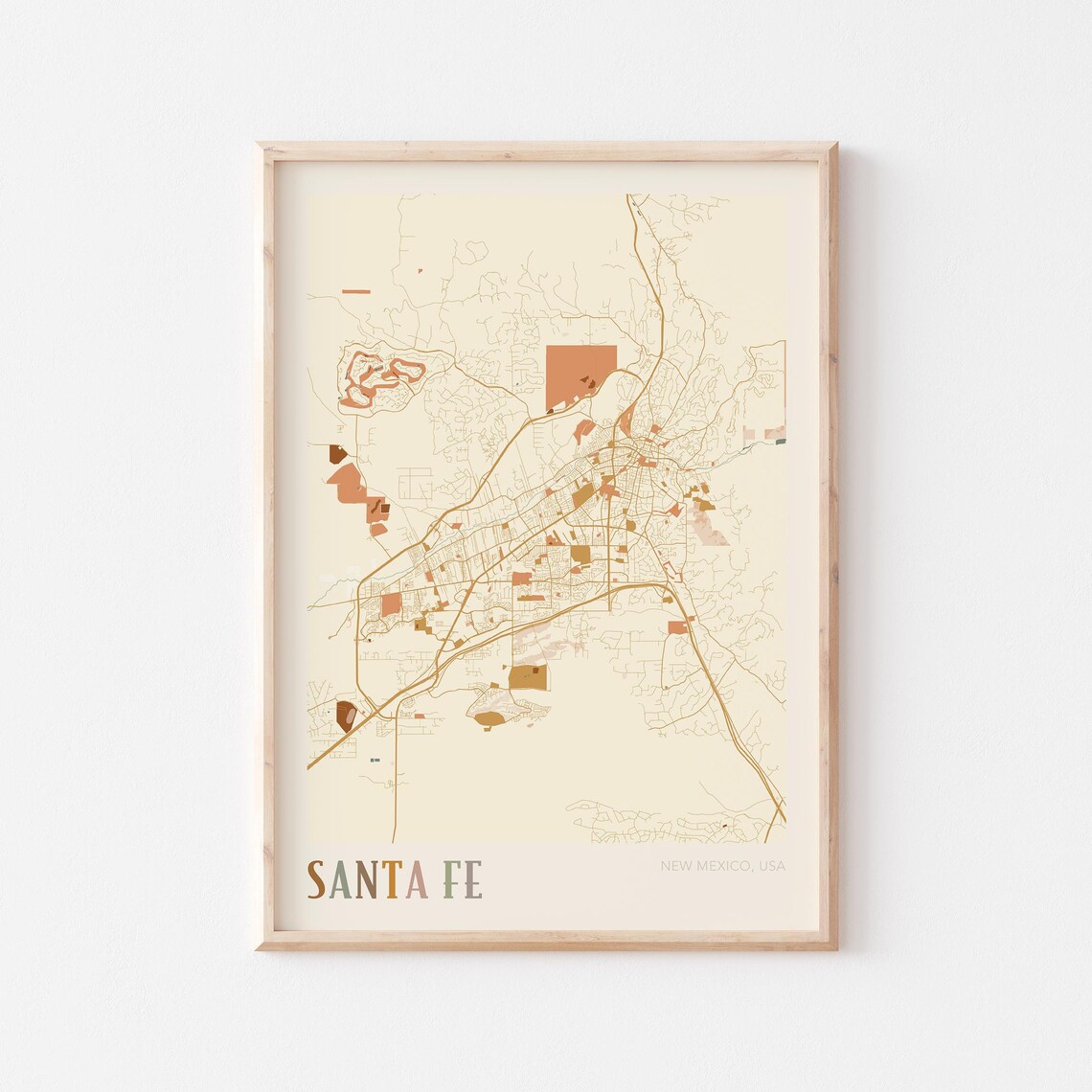 Santa Fe New Mexico USA Warm Vintage Beige City Street Map Art Poster