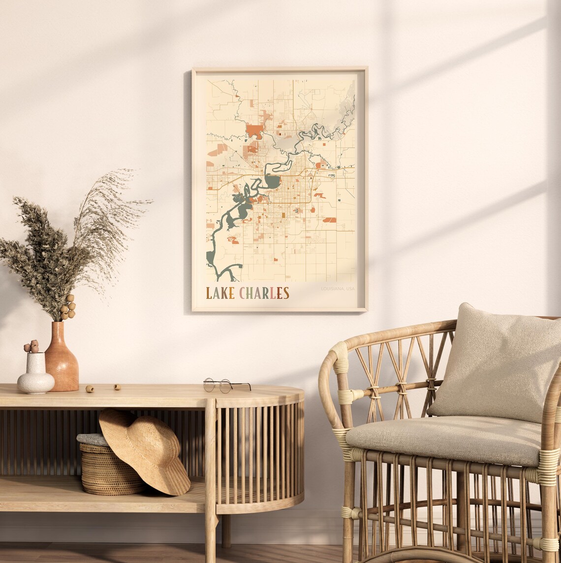 Lake Charles Louisiana Modern Terracotta City Street Map Art Poster - Image 2