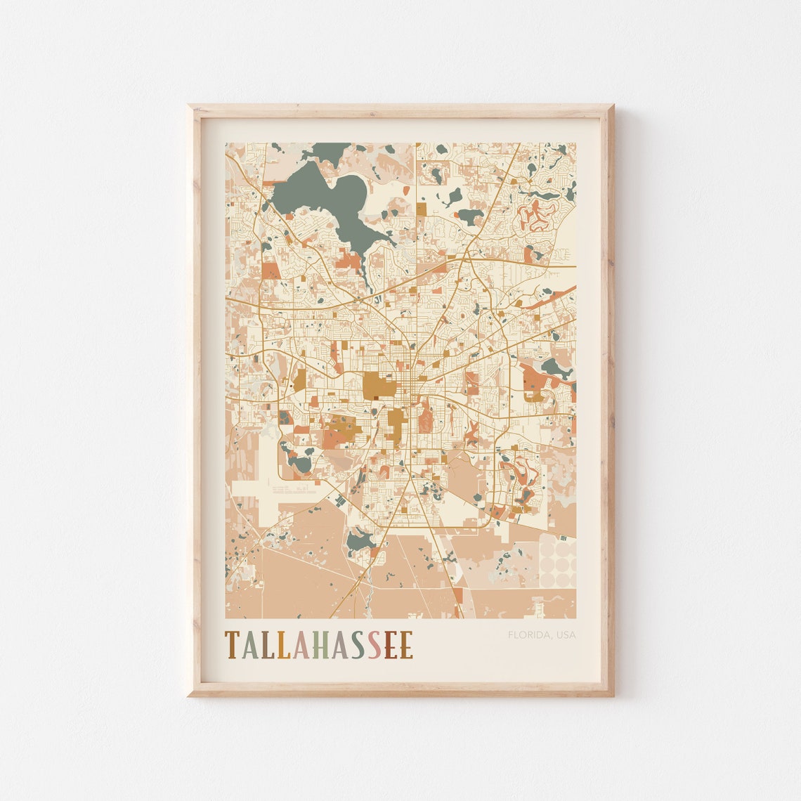 Tallahassee Florida City Map Poster Warm Retro Street Map Home Decor