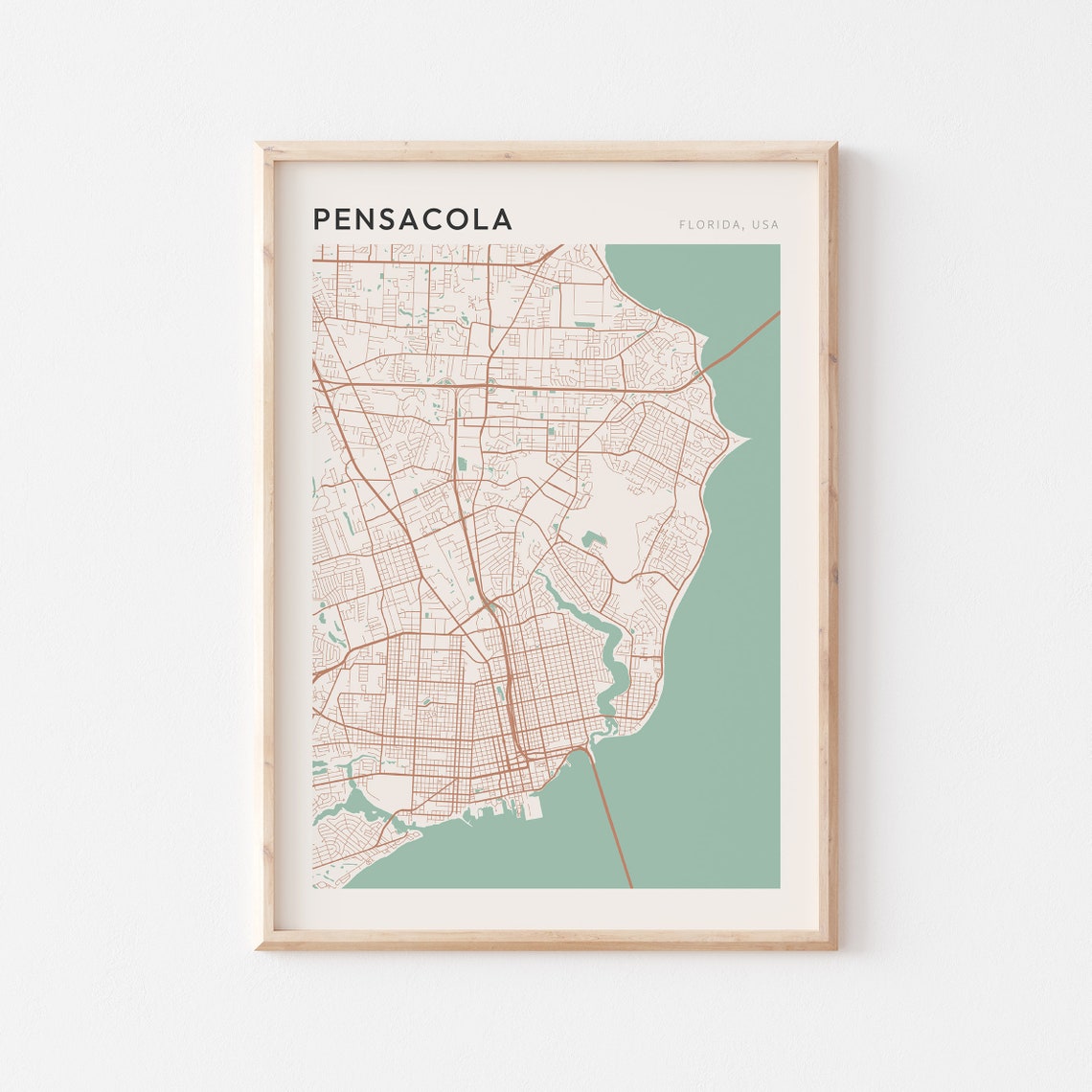Pensacola Florida Modern Farmhouse City Map Poster for Entryway Walls