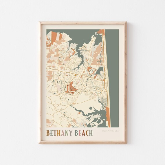 Bethany Beach Delaware Colorful Retro Coastal City Map Poster