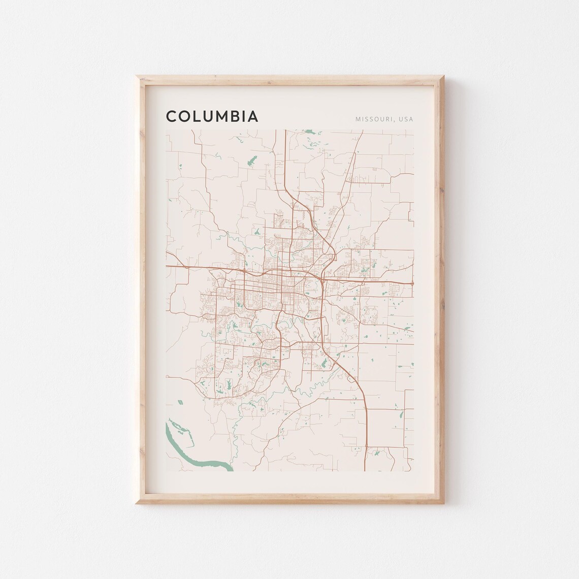 Columbia Missouri Street Map Poster in Warm Brown Sage and Cream Tones