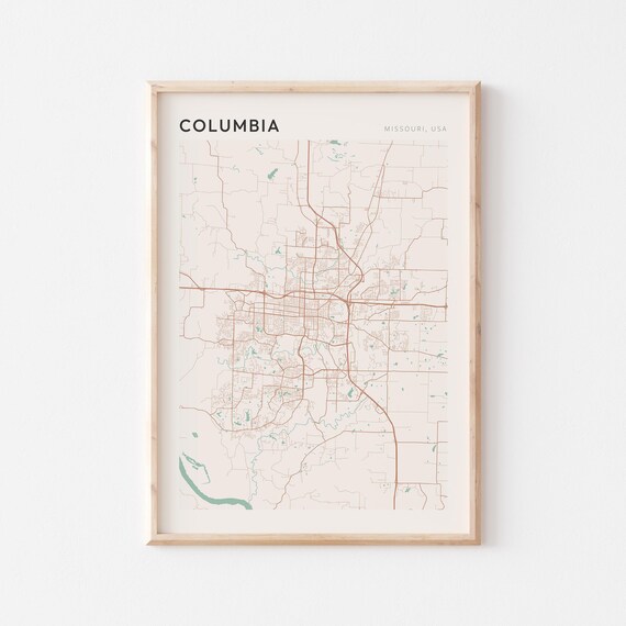 Columbia Missouri Street Map Poster in Warm Brown Sage and Cream Tones