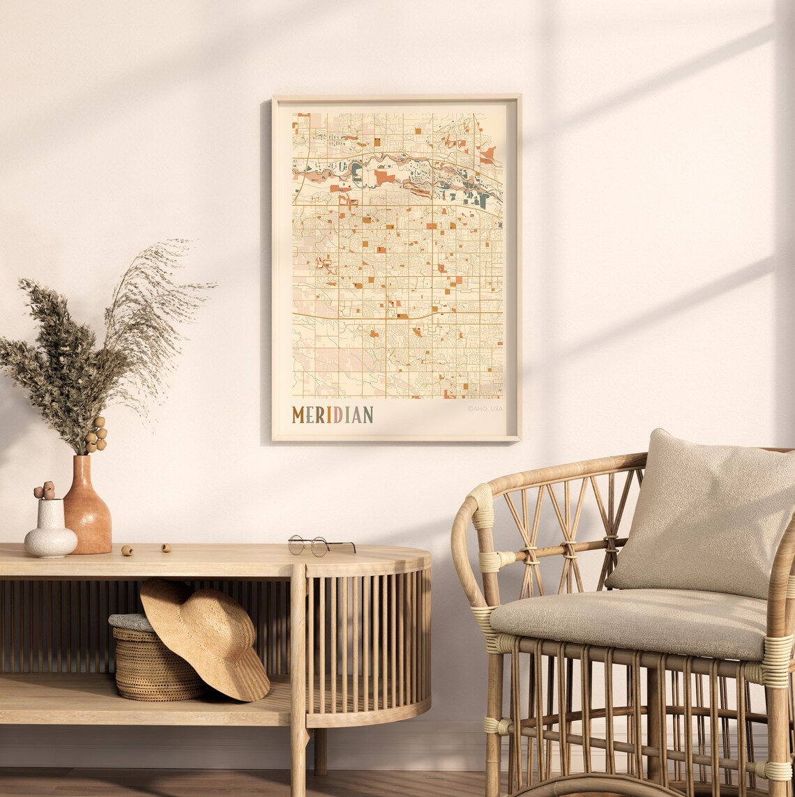 Meridian Idaho City Map Poster Earth Tone Boho Minimalist Map Wall Decor Gift - Image 2