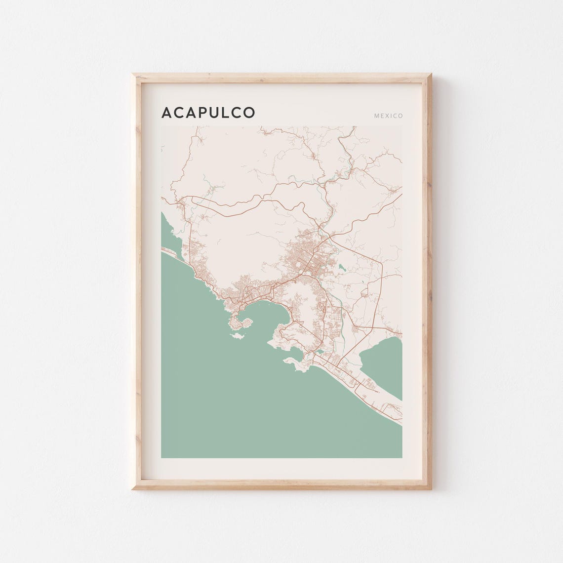 Acapulco Mexico Minimalist Coastal City Map Blush Teal Poster