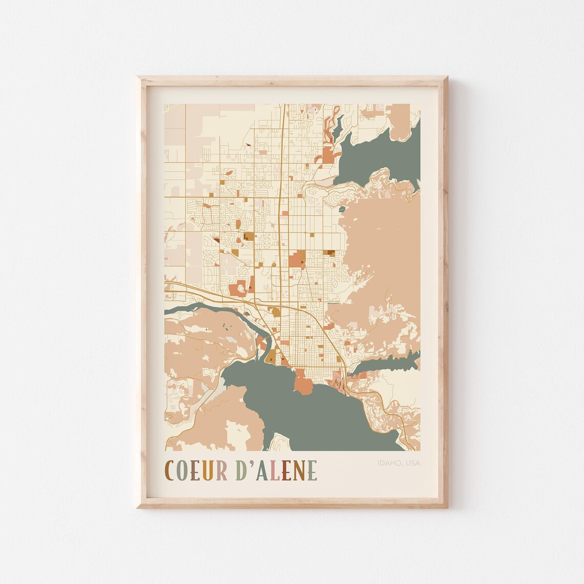 Coeur D'Alene Idaho Colorful Retro Coastal City Map Poster Boho Wall Decor
