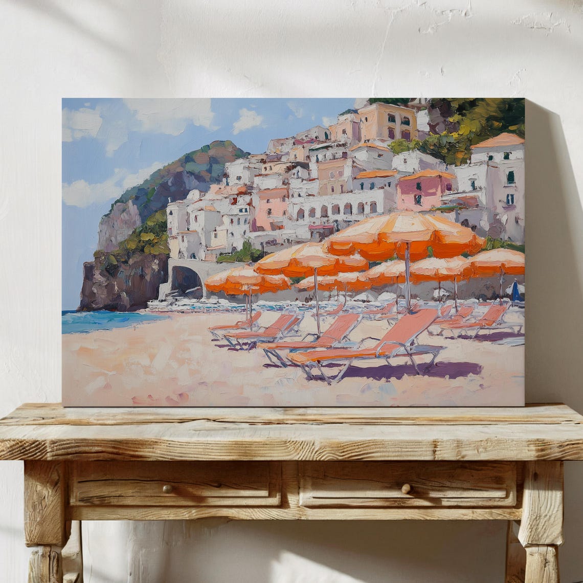Seaside Town Beach Poster with Orange Umbrellas Lounge Chairs Art
