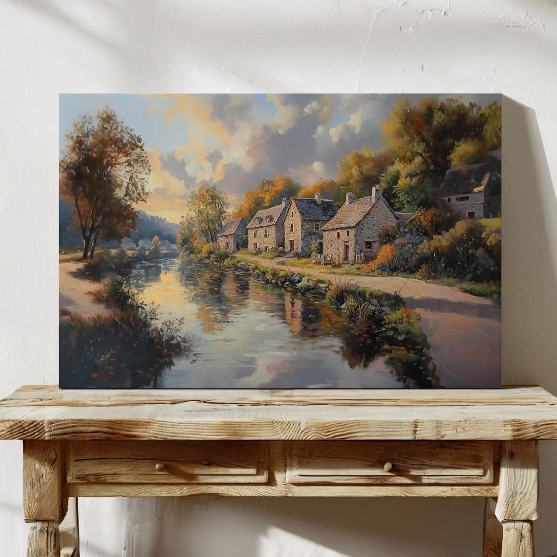 Stone Cottages Beside an Autumn River in Golden Light Poster - Image 4