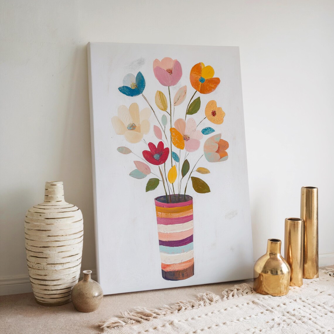 Playful Folk Art Flowers in Rainbow Striped Vase Colorful Wall Art - Image 4