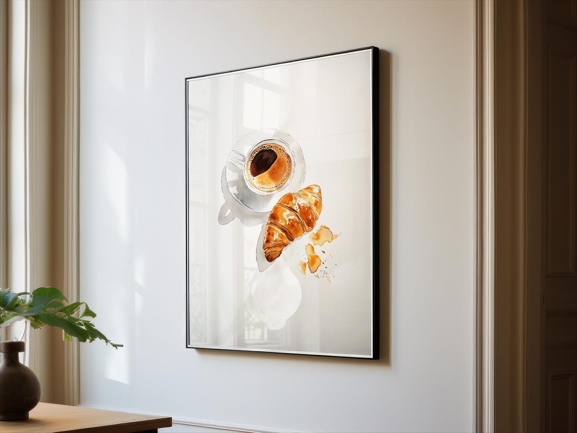 Watercolor Croissant and Coffee Breakfast Kitchen Wall Art Gift - Image 2