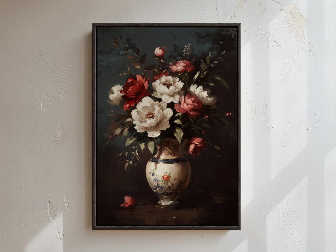 Moody Red and White Peonies Oil Painting Dark Floral Wall Art - Image 4