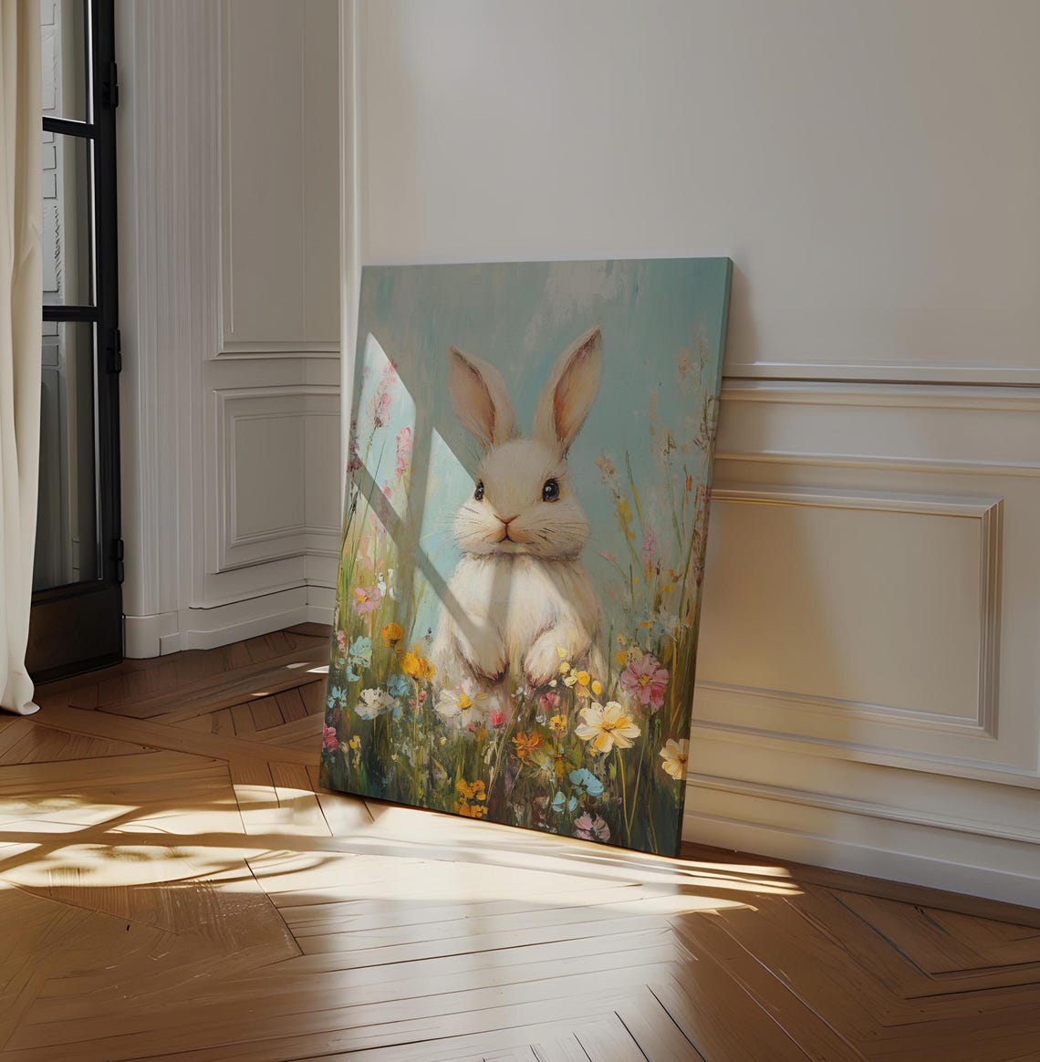 Charming White Bunny in a Colorful Wildflower Field Art Poster - Image 3